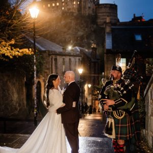 Wedding Bagpiper Jason Faulkner playing for Amber and Drew's wedding in Edinburgh, Scotland
